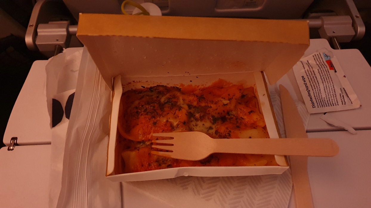 2時間もすると、食事が配られた。既にヨーロッパ時間で真夜中。ご飯か何かわからない食事。